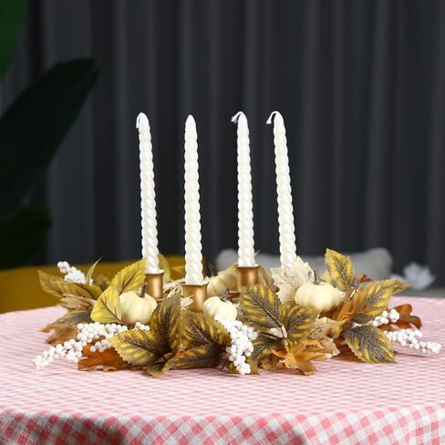 12 inch Fall Candle Wrath Thanksgiving Day Candle 4 Candles Holder with Maple Leaves Pumpkins Wreath Mini Artificial Maple Leaves Candle Wreath for Fall Home Table Decoration Centerpiece in Saudi Arabia