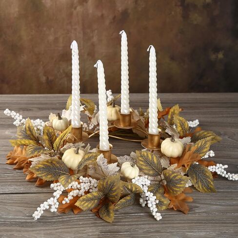 12 inch Fall Candle Wrath Thanksgiving Day Candle 4 Candles Holder with Maple Leaves Pumpkins Wreath Mini Artificial Maple Leaves Candle Wreath for Fall Home Table Decoration Centerpiece in Saudi Arabia