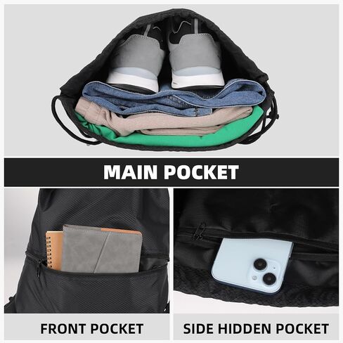Drawstring Backpack Bag Waterproof Gym Bags Black Draw String Backpack with Zip Pocket Large Swim Bag for Men Women Sports Travel Swimming Beach Party in Saudi Arabia