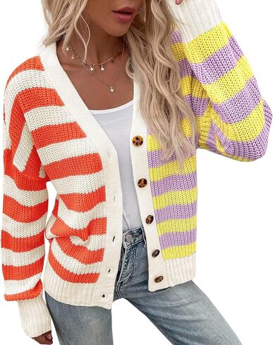 Saodimallsu المرأة مخطط بالأزرار كتلة اللون زر الخامس الرقبة مفتوحة الجبهة مضلع متماسكة فضفاضة العصرية سترة معاطف in Kuwait