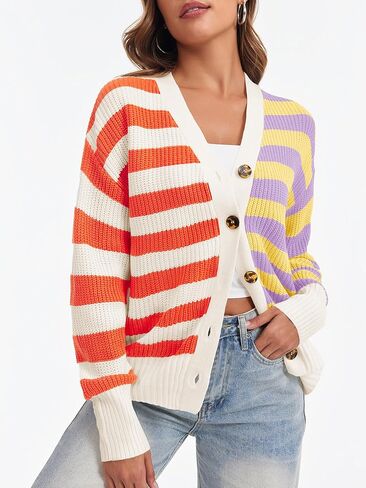 Saodimallsu المرأة مخطط بالأزرار كتلة اللون زر الخامس الرقبة مفتوحة الجبهة مضلع متماسكة فضفاضة العصرية سترة معاطف in Kuwait