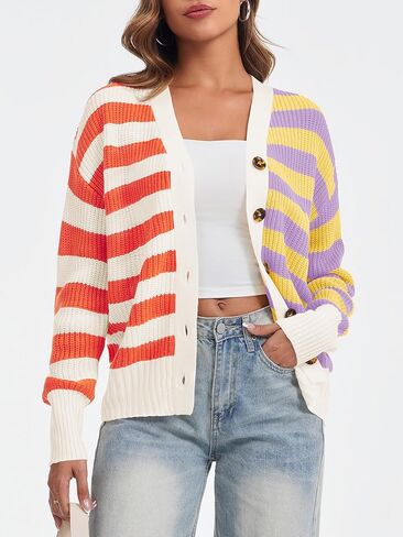 Saodimallsu المرأة مخطط بالأزرار كتلة اللون زر الخامس الرقبة مفتوحة الجبهة مضلع متماسكة فضفاضة العصرية سترة معاطف in Kuwait