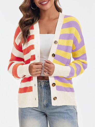 Saodimallsu المرأة مخطط بالأزرار كتلة اللون زر الخامس الرقبة مفتوحة الجبهة مضلع متماسكة فضفاضة العصرية سترة معاطف in Kuwait