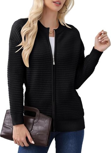 سترة صوفية بسحاب للنساء من Genhoo سترة محبوكة مكتنزة مفتوحة من الأمام ورقبة دائرية مع جيوب in Kuwait