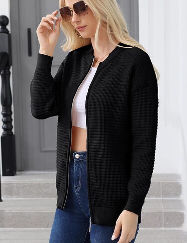 سترة صوفية بسحاب للنساء من Genhoo سترة محبوكة مكتنزة مفتوحة من الأمام ورقبة دائرية مع جيوب in Kuwait