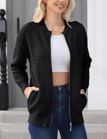 سترة صوفية بسحاب للنساء من Genhoo سترة محبوكة مكتنزة مفتوحة من الأمام ورقبة دائرية مع جيوب in Kuwait