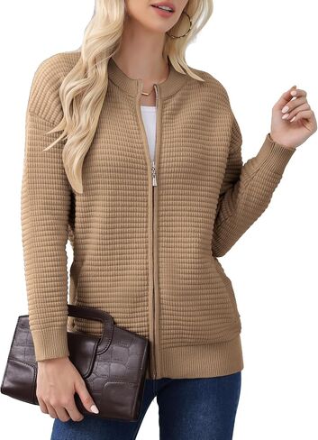 Genhoo Zipper Cardigan Sweaters for Women Open Front Chunky Knit Jacket Crew Neck Sweater Coat with Pockets in Saudi Arabia