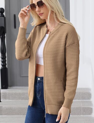 Genhoo Zipper Cardigan Sweaters for Women Open Front Chunky Knit Jacket Crew Neck Sweater Coat with Pockets in Saudi Arabia