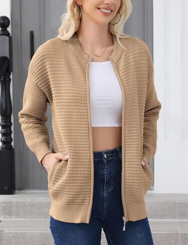 Genhoo Zipper Cardigan Sweaters for Women Open Front Chunky Knit Jacket Crew Neck Sweater Coat with Pockets in Saudi Arabia