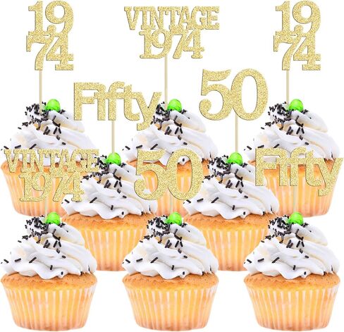 Gyufise 24Pcs 50th Birthday Cupcake Toppers Cheers to 50 Fabulous Fifty Vintage 1974 Cupcake Picks 50th Birthday Wedding Anniversary Party Cake Decorations Supplies Gold in Saudi Arabia