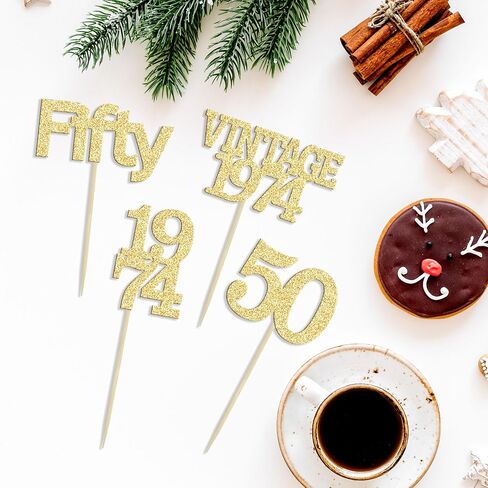 Gyufise 24Pcs 50th Birthday Cupcake Toppers Cheers to 50 Fabulous Fifty Vintage 1974 Cupcake Picks 50th Birthday Wedding Anniversary Party Cake Decorations Supplies Gold in Saudi Arabia