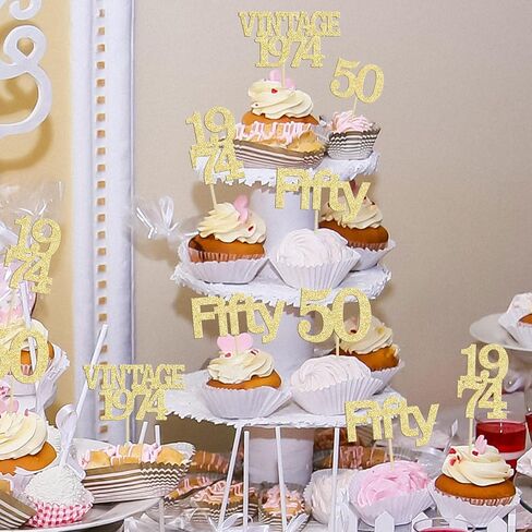 Gyufise 24Pcs 50th Birthday Cupcake Toppers Cheers to 50 Fabulous Fifty Vintage 1974 Cupcake Picks 50th Birthday Wedding Anniversary Party Cake Decorations Supplies Gold in Saudi Arabia
