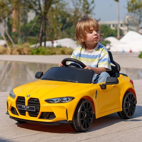 Qaba BMW M4 Licensed Kids Electric Car, 12V Ride On Car with Parent Remote Control, Suspension, Handle Attachment, Battery Powered Kids Car with LED Lights, Music, Soft Start, Yellow in Saudi Arabia