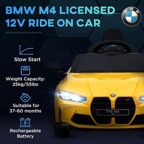 Qaba BMW M4 Licensed Kids Electric Car, 12V Ride On Car with Parent Remote Control, Suspension, Handle Attachment, Battery Powered Kids Car with LED Lights, Music, Soft Start, Yellow in Saudi Arabia