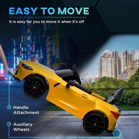 Qaba BMW M4 Licensed Kids Electric Car, 12V Ride On Car with Parent Remote Control, Suspension, Handle Attachment, Battery Powered Kids Car with LED Lights, Music, Soft Start, Yellow in Saudi Arabia