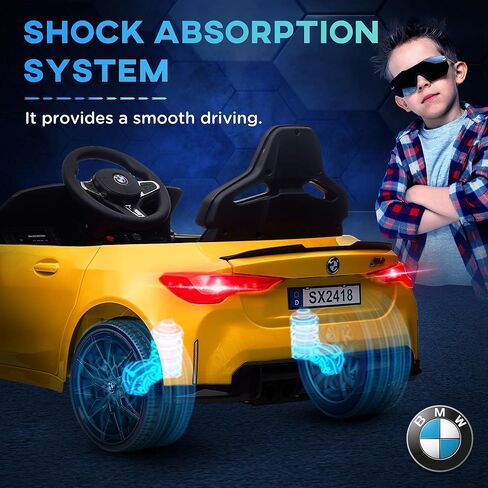 Qaba BMW M4 Licensed Kids Electric Car, 12V Ride On Car with Parent Remote Control, Suspension, Handle Attachment, Battery Powered Kids Car with LED Lights, Music, Soft Start, Yellow in Saudi Arabia