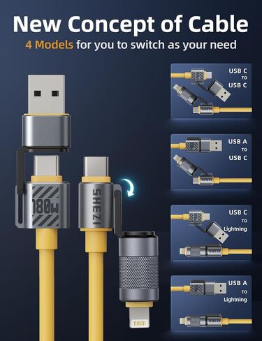 4 in 1 USB C Cable Lightning Cable, [SHEZI Style] 100W 5ft USB to USB C Fast Charging & Data Sync, Soft Silicone Anti-Tangle Cord Combo Type C/USB A/L Ports for iPhone iPad Samsung in Kuwait