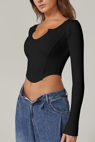 QINSEN Women's Sexy Notch Micro Neck Seamless Long Sleeve T Shirts Slim Fit Trendy Crop Tops in Saudi Arabia