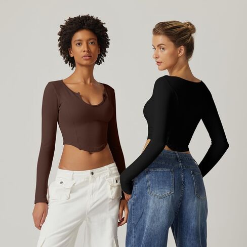 QINSEN Women's Sexy Notch Micro Neck Seamless Long Sleeve T Shirts Slim Fit Trendy Crop Tops in Saudi Arabia