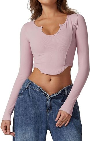 QINSEN Women's Sexy Notch Micro Neck Seamless Long Sleeve T Shirts Slim Fit Trendy Crop Tops in Saudi Arabia