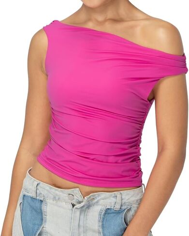 Sunzel Women's Off Shoulder Sleeveless Crop Top, Y2K Trendy Going Out Tank Shirt, Asymmetrical Neckline & Ruched Detail in Kuwait