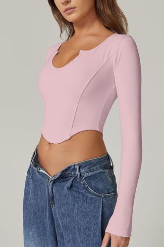 QINSEN Women's Sexy Notch Micro Neck Seamless Long Sleeve T Shirts Slim Fit Trendy Crop Tops in Saudi Arabia