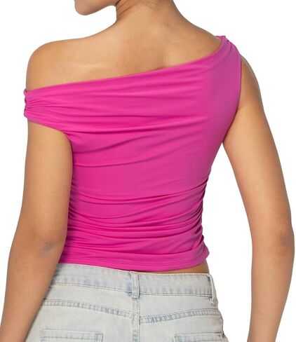 Sunzel Women's Off Shoulder Sleeveless Crop Top, Y2K Trendy Going Out Tank Shirt, Asymmetrical Neckline & Ruched Detail in Kuwait