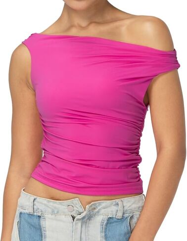 Sunzel Women's Off Shoulder Sleeveless Crop Top, Y2K Trendy Going Out Tank Shirt, Asymmetrical Neckline & Ruched Detail in Kuwait