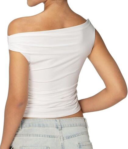 Sunzel Women's Off Shoulder Sleeveless Crop Top, Y2K Trendy Going Out Tank Shirt, Asymmetrical Neckline & Ruched Detail in Kuwait