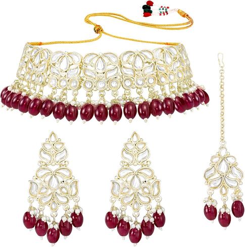 Aheli Gold Plated Green Kundan & Beads Studded Ethnic Choker Necklace Dangle Earrings Maangtikka Set Traditional Fancy Jewellery Gift for Women in Saudi Arabia