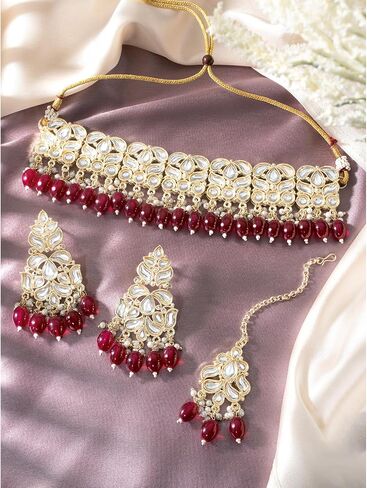 Aheli Gold Plated Green Kundan & Beads Studded Ethnic Choker Necklace Dangle Earrings Maangtikka Set Traditional Fancy Jewellery Gift for Women in Saudi Arabia