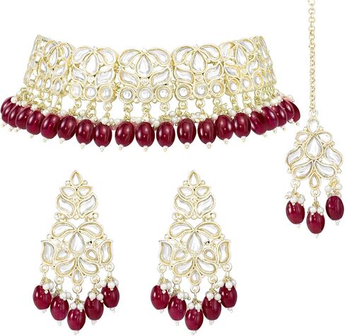 Aheli Gold Plated Green Kundan & Beads Studded Ethnic Choker Necklace Dangle Earrings Maangtikka Set Traditional Fancy Jewellery Gift for Women in Saudi Arabia
