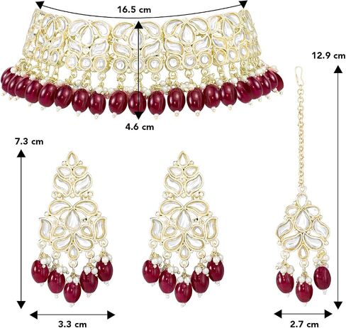 Aheli Gold Plated Green Kundan & Beads Studded Ethnic Choker Necklace Dangle Earrings Maangtikka Set Traditional Fancy Jewellery Gift for Women in Saudi Arabia