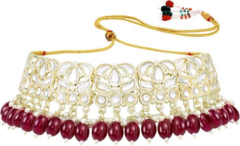 Aheli Gold Plated Green Kundan & Beads Studded Ethnic Choker Necklace Dangle Earrings Maangtikka Set Traditional Fancy Jewellery Gift for Women in Saudi Arabia