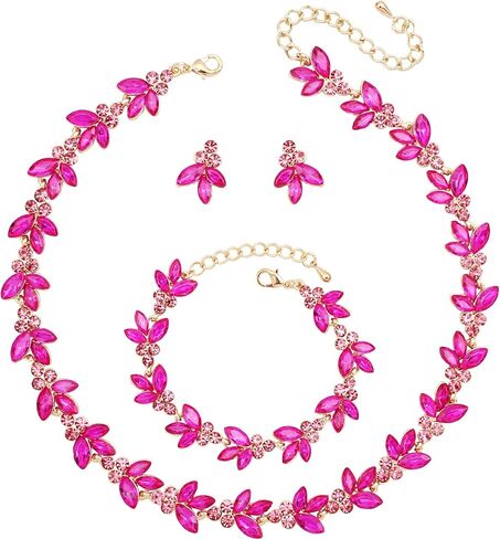 Bridal Wedding Crystal Leaf Choker Necklace Dangle Earring Bracelet Brides Bridesmaid Jewelry Set for Women in Kuwait