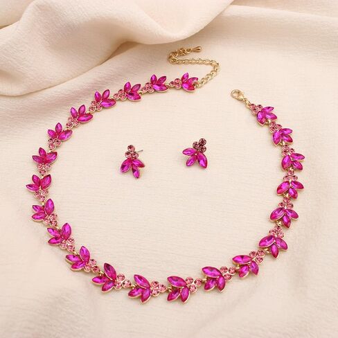 Bridal Wedding Crystal Leaf Choker Necklace Dangle Earring Bracelet Brides Bridesmaid Jewelry Set for Women in Kuwait