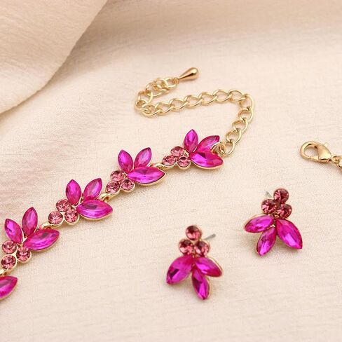 Bridal Wedding Crystal Leaf Choker Necklace Dangle Earring Bracelet Brides Bridesmaid Jewelry Set for Women in Kuwait