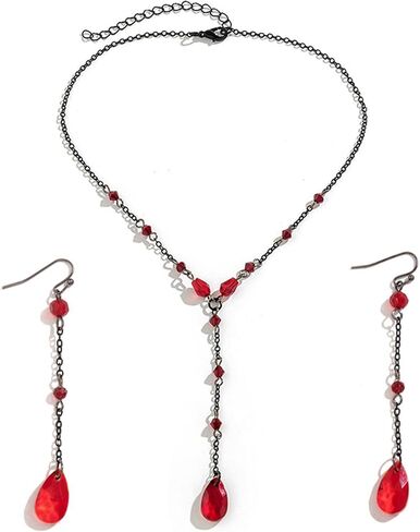 Dreuyet Gothic Blood Earring Necklaces Set for Women Elegant Retro Black/Red Crystal Drop Tassel Pendant Necklace Y2k Punk Y Necklace Halloween Cosplay Jewellery Gifts in Saudi Arabia