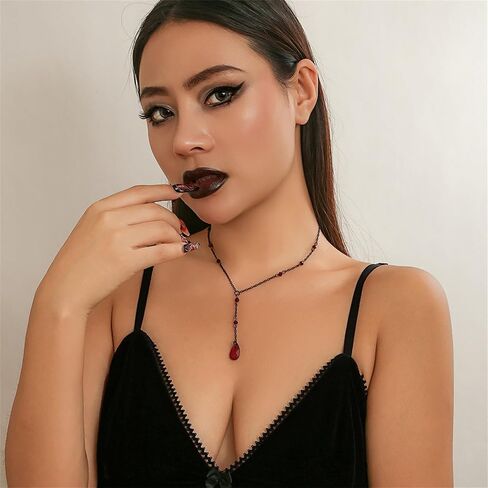 Dreuyet Gothic Blood Earring Necklaces Set for Women Elegant Retro Black/Red Crystal Drop Tassel Pendant Necklace Y2k Punk Y Necklace Halloween Cosplay Jewellery Gifts in Saudi Arabia