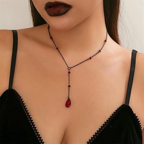 Dreuyet Gothic Blood Earring Necklaces Set for Women Elegant Retro Black/Red Crystal Drop Tassel Pendant Necklace Y2k Punk Y Necklace Halloween Cosplay Jewellery Gifts in Saudi Arabia