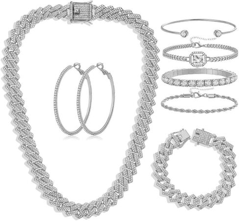الهيب هوب الكوبي سلسلة الماس الكامل قلادة حجر الراين سوار سوار الذهب والفضة والمجوهرات النسائية مجموعات أساور الأقراط النسائية in Kuwait