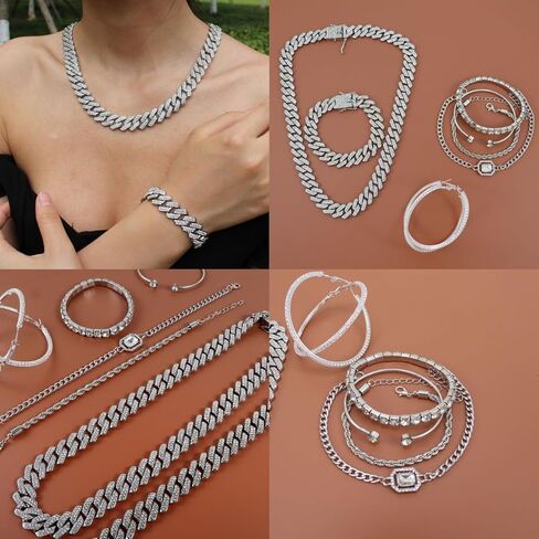 الهيب هوب الكوبي سلسلة الماس الكامل قلادة حجر الراين سوار سوار الذهب والفضة والمجوهرات النسائية مجموعات أساور الأقراط النسائية in Kuwait