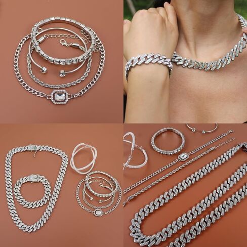 الهيب هوب الكوبي سلسلة الماس الكامل قلادة حجر الراين سوار سوار الذهب والفضة والمجوهرات النسائية مجموعات أساور الأقراط النسائية in Kuwait