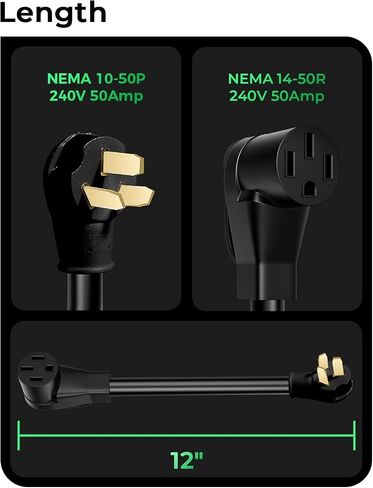 محول شاحن EV، NEMA 10-50P إلى 14-50R UL مدرج، قابس 50 أمبير إلى 3 شقوق أنثى، متوافق مع EV للشحن من المستوى 2 (12 بوصة) in Kuwait