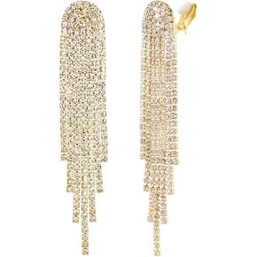 Mlouye Gold Tone Clear Long Crystal Tassel Clip on Earrings Fringe for Wedding Women Bridal Dangling Chain Chandelier Dangle Drop Earring