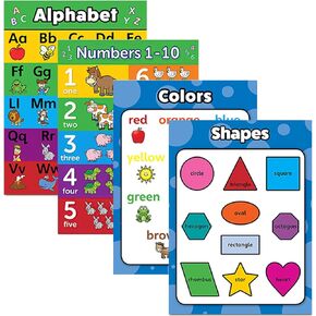 senylanhxy preschool educational Learning 4 pack - ABC Alphabet + Numbers 1-10 + Shapes + Colors Poster Set - Toddler Educational Charts