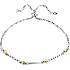 B. BRILLIANT Chain Bracelet for Women Sterling Silver Polished Bar Diamond-Cut Beads Adjustable Bolo Bracelets