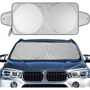 مظلة شمس للزجاج الأمامي للسيارة من Big Hippo - غطاء شمسي للتركيب الوظيفي للأذنين للزجاج الأمامي يبقي السيارة باردة كتل الأشعة فوق البنفسجية وواقي الشمس (فضي/أسود - مقاس 63 بوصة × 35 بوصة) in Kuwait