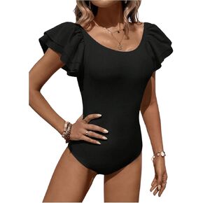 SweatyRocks Women's Double Layer Ruffle Short Sleeve Bodysuit Slim Fit Shirts Tops