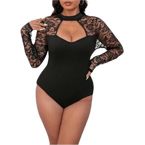 MakeMeChic Women's Plus Size Floral Lace Mock Neck Long Sleeve Cut Out Bodysuit Tee Shirts
